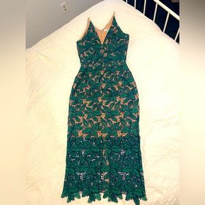 Dress The Population green navy & nude lace dress perfect for Christmas parties